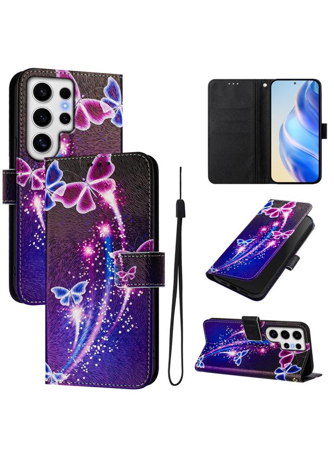 جراب جلدي لهاتف Samsung Galaxy S24 Ultra 5G بنمط رسم ملون فني (فراشة ألعاب نارية)