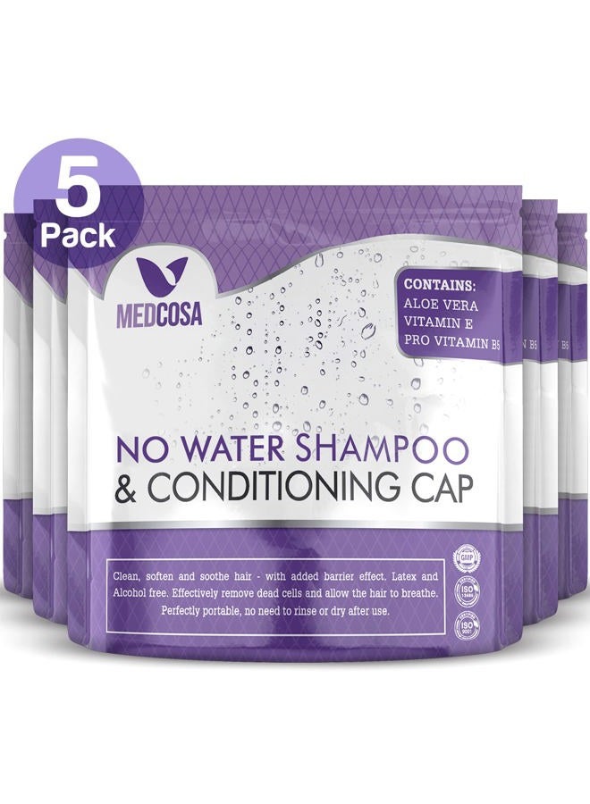 Medcosa No Rinse Shampoo Caps - Waterless Shampoo and Conditioner Hair Wash Cap - Dry Hair Washing Aids with Aloe Vera and Vitamins - Pack of 5 Rinse Free No Water Shower Caps - Image 1