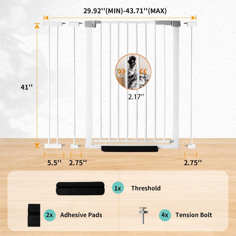 Rgqphantom 41" Tall Safety Pet Gate,Adjustable 29.92"-43.71" Wide,No Drilling Pressure Mount Kit,Auto Close Cat Gate Suitable for Stairs,Doorways,White (29.92"-43.71" W) - Image 2