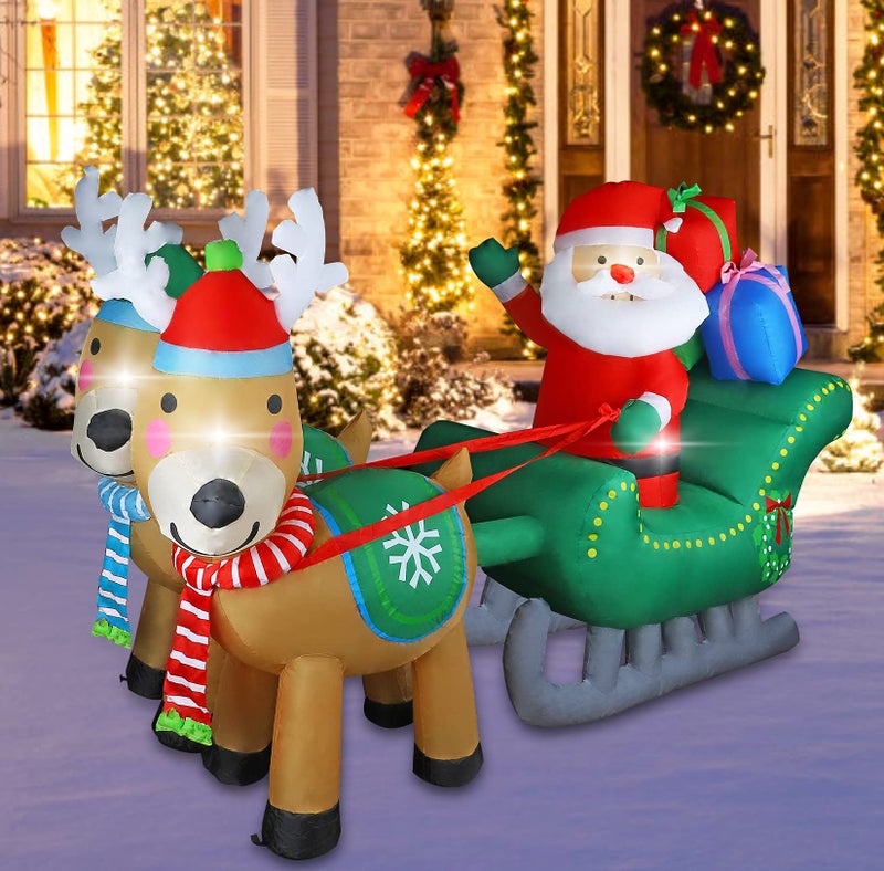 MorTime 67 FT Christmas Inflatable Santa Claus on Sleigh Pulled by Two Reindeers with Gift Boxes Blow up Lighted Xmas Yard Decor with LED Lights for Christmas Outdoor Decorations