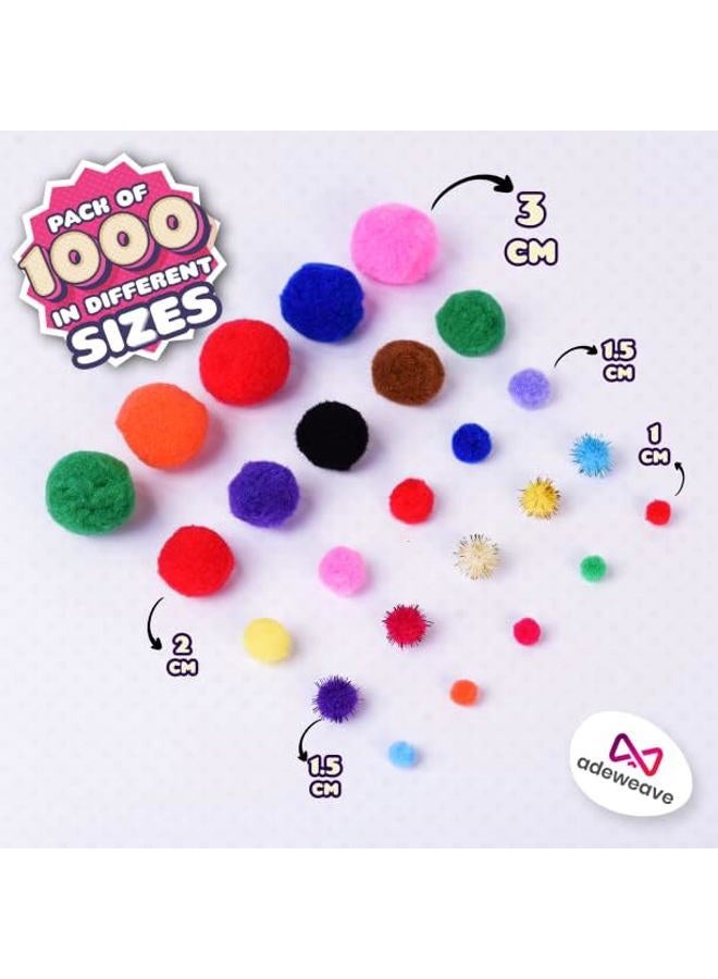 Adeweave 1000 Assorted Craft pom poms – Multicolor Bulk pom poms Arts and Crafts, Pompoms for Crafts in Assorted Size- Soft and Fluffy Puff Balls, Large Colored Cotton Balls for Home and School - Image 2