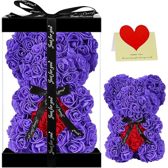 Gift for Mom WomenRose Cute Bear Rose Adorable Teddy Artificial Bear Best Gift for Valentines Day Mothers Day Anniversary Birthdays Clear Gift Box Included 10 Inches Tall