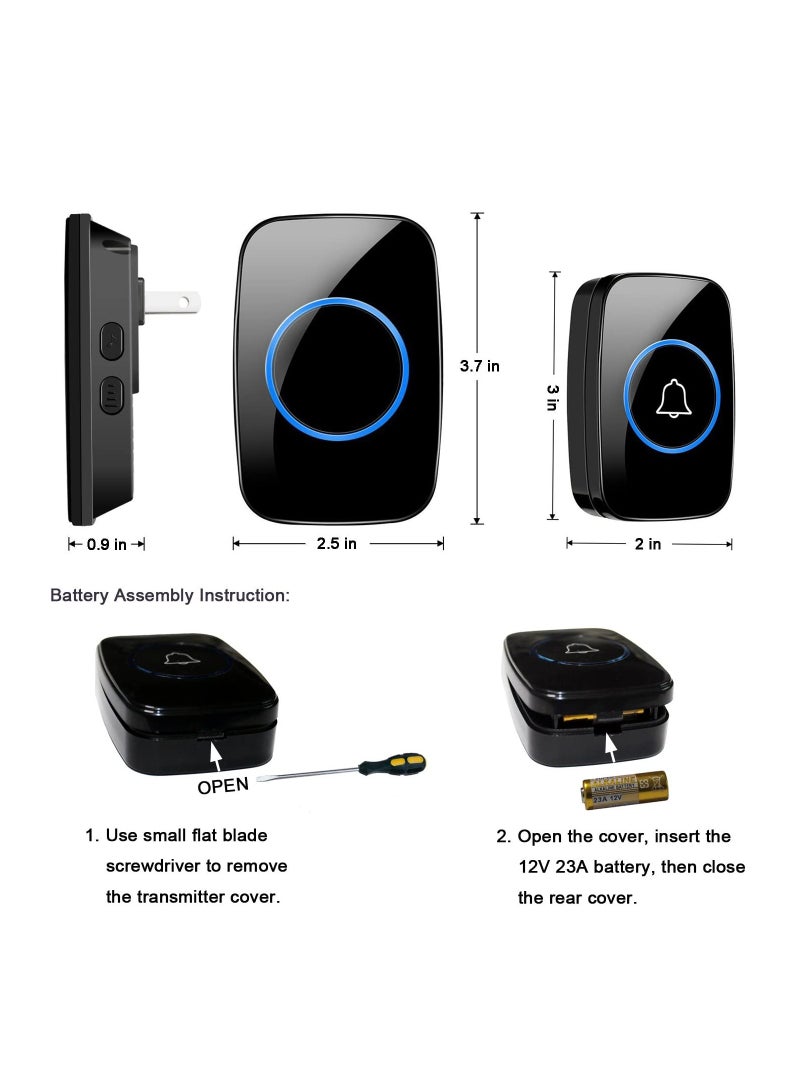 Wireless Doorbell, Waterproof Door Bell Kit, Distinguish front and rear doors, Over 1000 feet Range and 60 Chime, 5 Levels Volume and LED Flash, for Home Office Classroom - Image 4