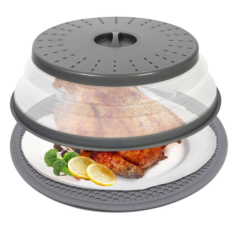 CORYTAO 10.5" Microwave Splatter Cover for Food with 10" Mat, Collapsible & Vented Silicone Splatter Guard Lid with Handle Kitchen Gadget, Grey - Image 1