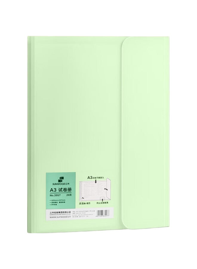 Sunwood 20 Pages 40 Sheets A3 Large Capacity Loose-Leaf Paper Storage Folder, Student Exam Paper Transparent Insert File Folder 3957 Green - Image 1