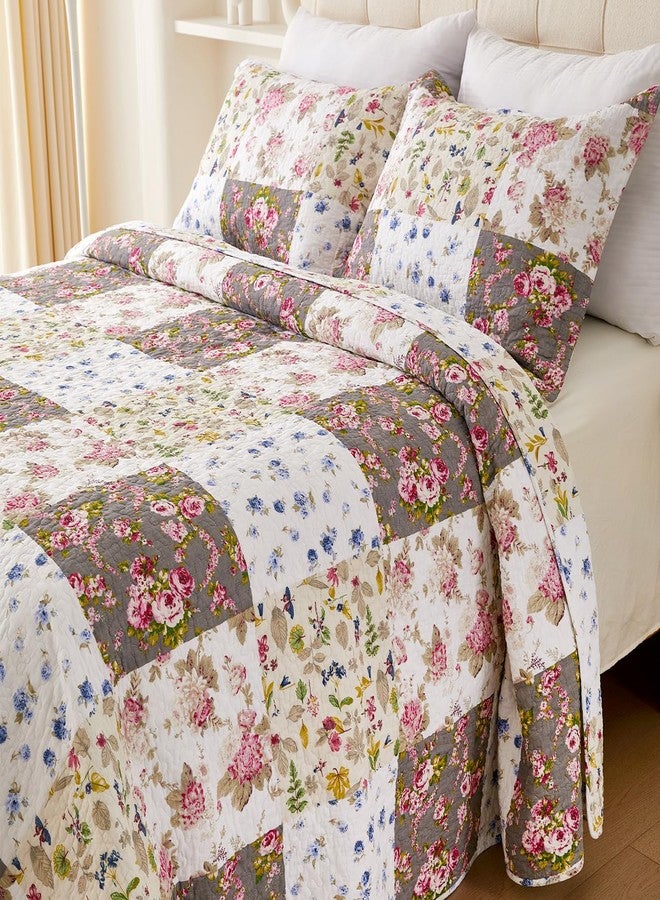 EVENHUG 100% Cotton Patchwork Quilt Queen Size Set Lightweight Floral Queen Quilts Bedding Set Bedspread Coverlet Reversible Bed Cover with Pillow Shams for All Seasons 3 Pieces (92"X96") - Image 3