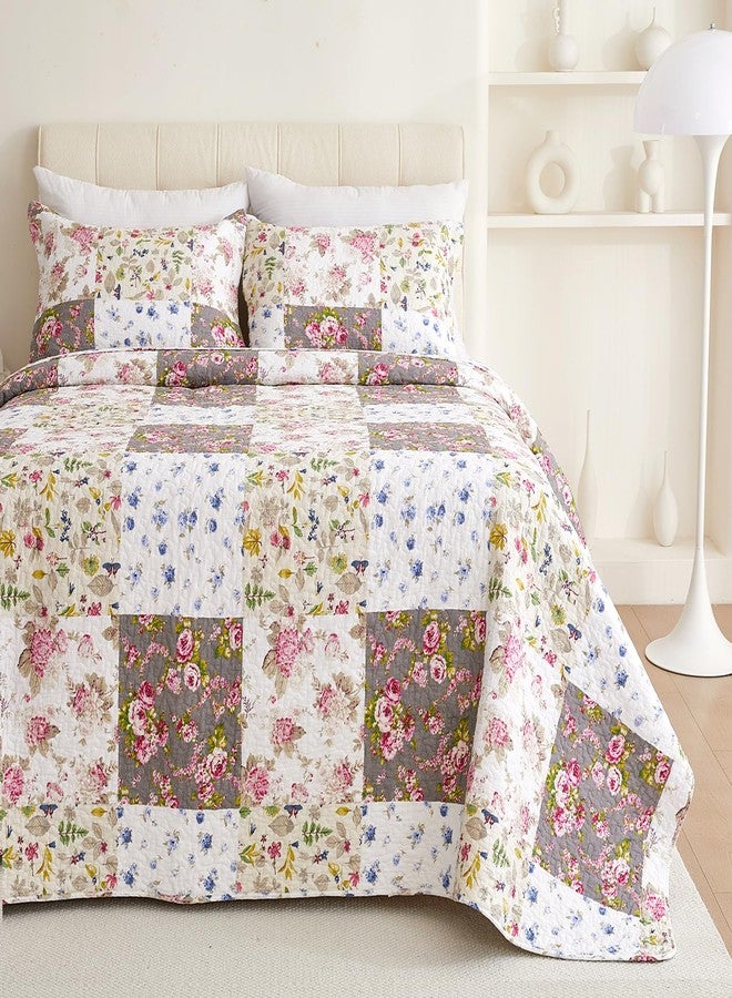 EVENHUG 100% Cotton Patchwork Quilt Queen Size Set Lightweight Floral Queen Quilts Bedding Set Bedspread Coverlet Reversible Bed Cover with Pillow Shams for All Seasons 3 Pieces (92"X96") - Image 2