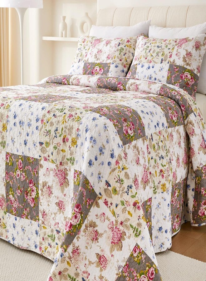 EVENHUG 100% Cotton Patchwork Quilt Queen Size Set Lightweight Floral Queen Quilts Bedding Set Bedspread Coverlet Reversible Bed Cover with Pillow Shams for All Seasons 3 Pieces (92"X96") - Image 5