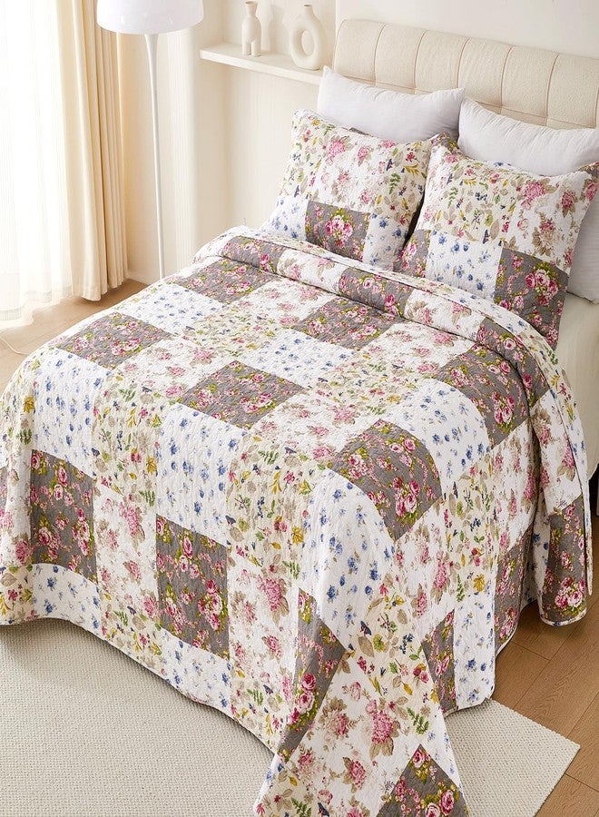 EVENHUG 100% Cotton Patchwork Quilt Queen Size Set Lightweight Floral Queen Quilts Bedding Set Bedspread Coverlet Reversible Bed Cover with Pillow Shams for All Seasons 3 Pieces (92"X96") - Image 1