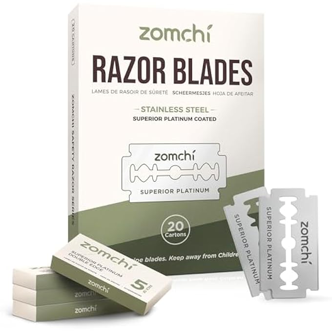 زومتشي شفرات الحلاقة ذات الحافة المزدوجة Zomchi 20 50 Counts شفرات الحلاقة للحلاقة شفرات الحلاقة المصنوعة من الفولاذ المقاوم للصدأ من البلاتين للرجال والنساء تناسب جميع شفرات الحلاقة القياسية ذات الحواف المزدوجة - Image 2