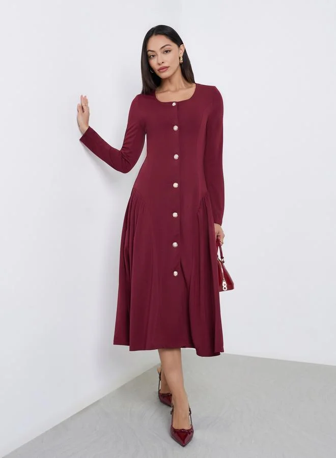 Styli Styli Maroon Pleated A-Line Midi Dress