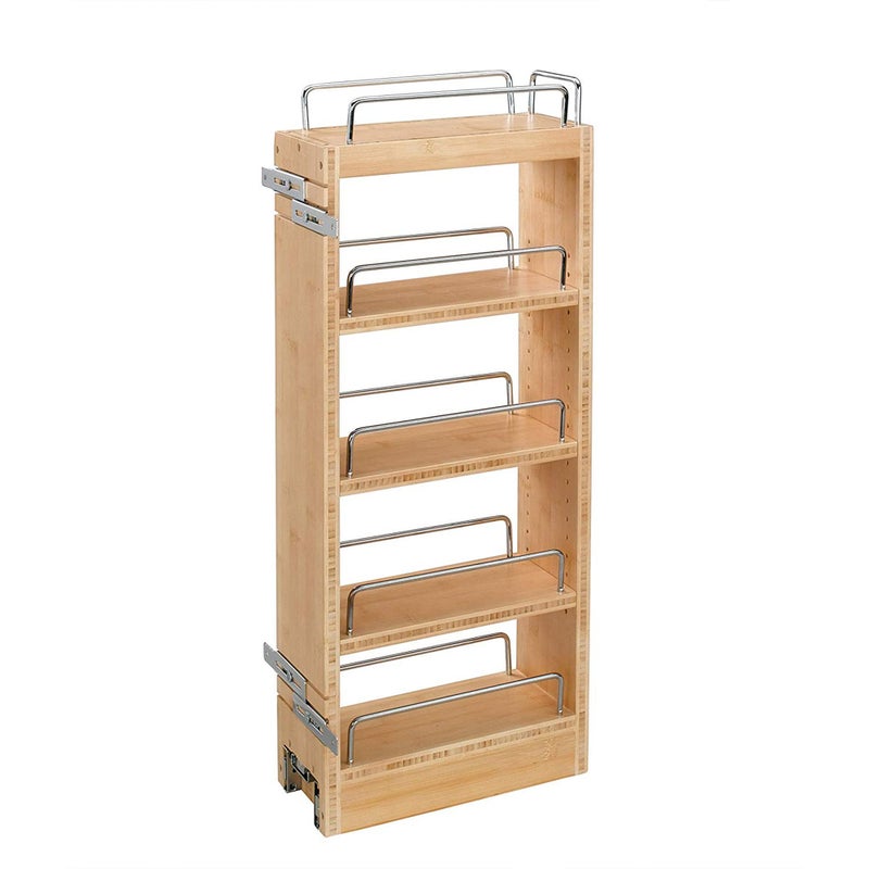 RevAShelf 8 Pullout Storage Organizer for Wall Kitchen Cabinets Sliding Adjustable Shelves for Spice Rack or Cans Wood and Chrome 448WC8C