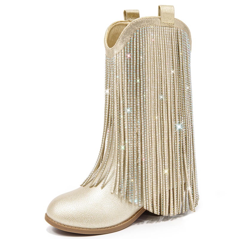 LAURMOSA Gold Cowgirl Boots for Girls Cowboy Boots Size 13 Fringe Rhinestone Cow Girl Little Kids Western Boot Sparkle Tassel Mid Calf Pointed Toe Low Heel Party Birthday Dress Dance (L1056PUGold 13) - Image 1