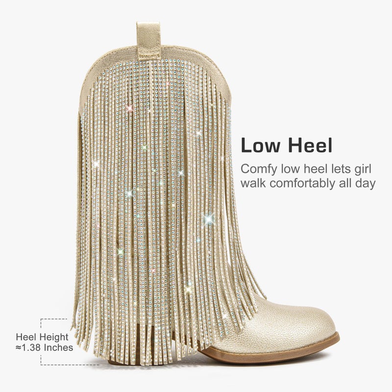 LAURMOSA Gold Cowgirl Boots for Girls Cowboy Boots Size 13 Fringe Rhinestone Cow Girl Little Kids Western Boot Sparkle Tassel Mid Calf Pointed Toe Low Heel Party Birthday Dress Dance (L1056PUGold 13) - Image 4