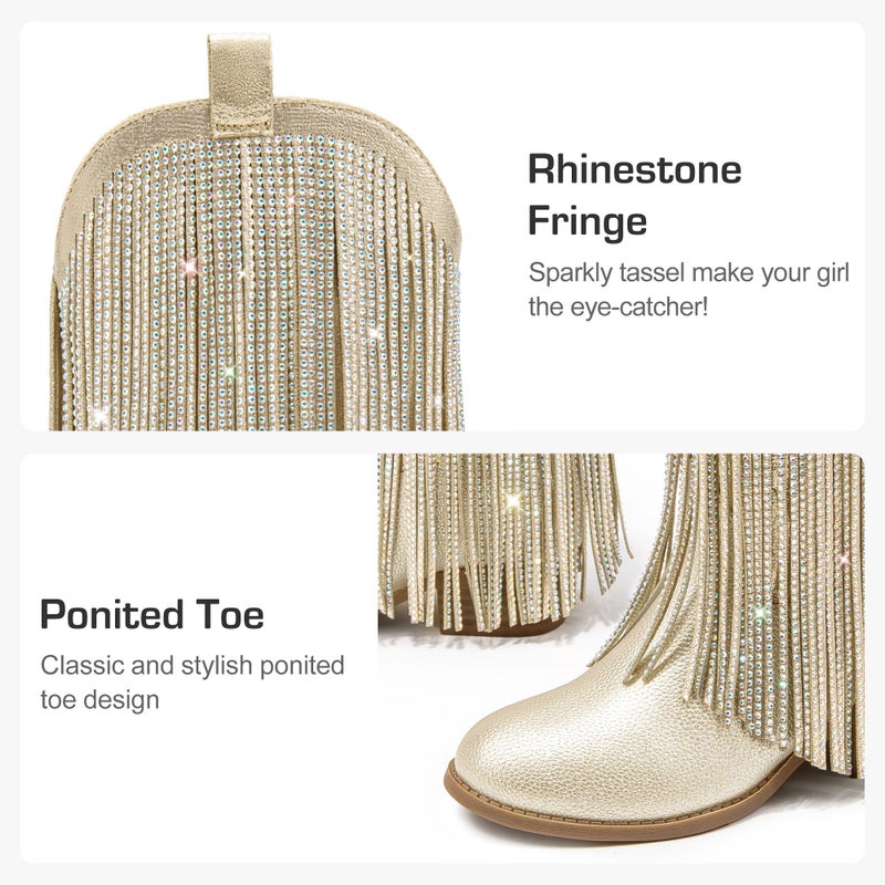 LAURMOSA Gold Cowgirl Boots for Girls Cowboy Boots Size 13 Fringe Rhinestone Cow Girl Little Kids Western Boot Sparkle Tassel Mid Calf Pointed Toe Low Heel Party Birthday Dress Dance (L1056PUGold 13) - Image 5