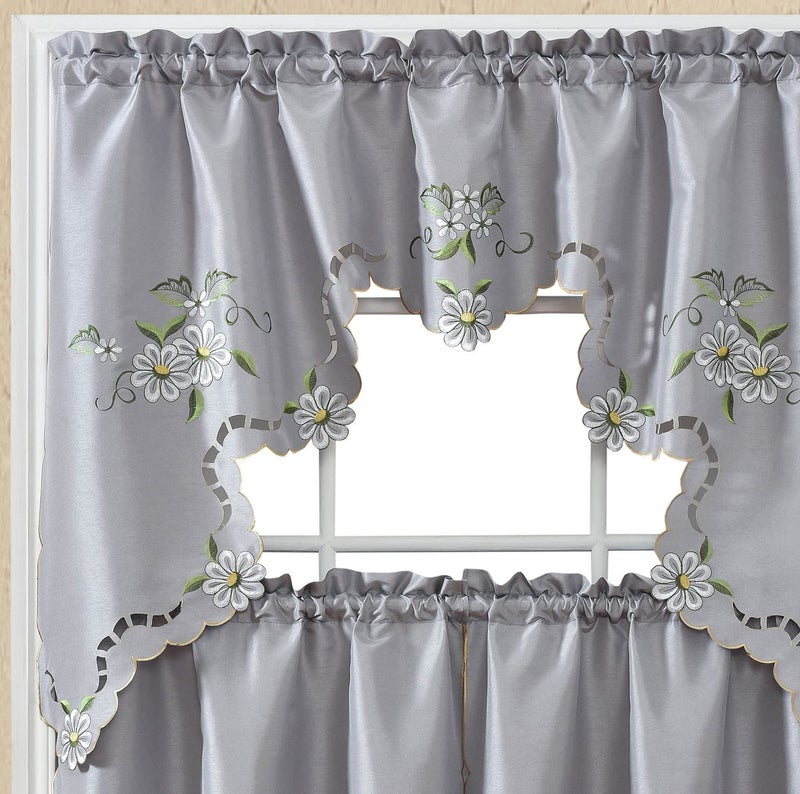 GOHD Golden Ocean Home Decor GOHD Cutwork Floral Kitchen Curtain Set Swag Valance and Tier Set Nice Embroidery on Faux Silk Fabric with cutworks Grey