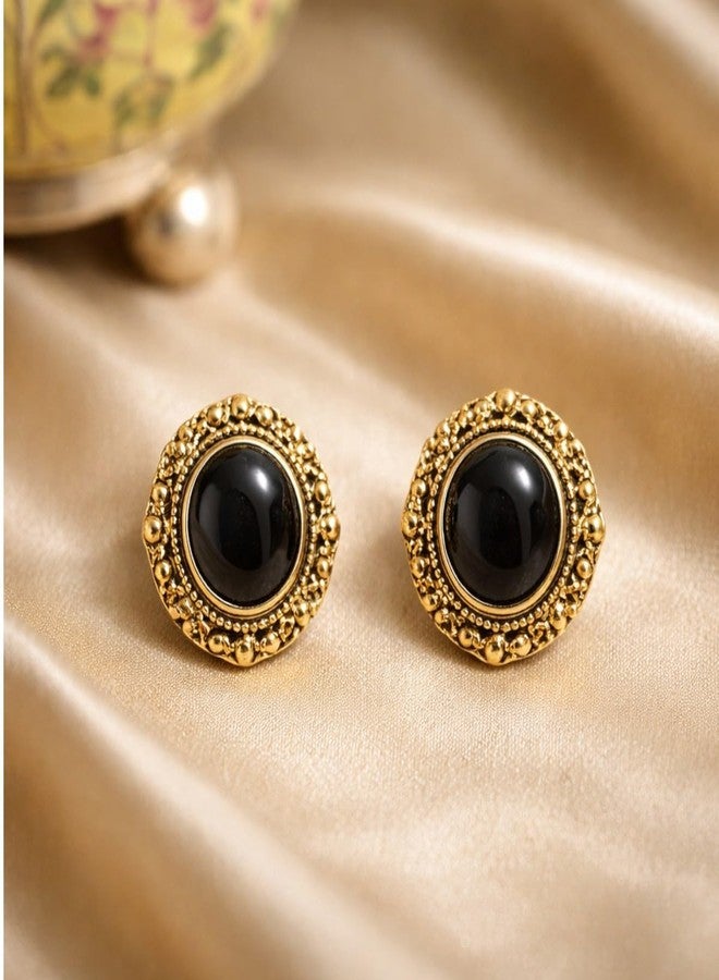 ACCESSHER Women's & Girls Traditional Oxidised Golden Floral Textured Stud Earrings Classic Oval Small Stud Earrings, Stylish Fashion Accessories Jewellery for Gifting - Image 3