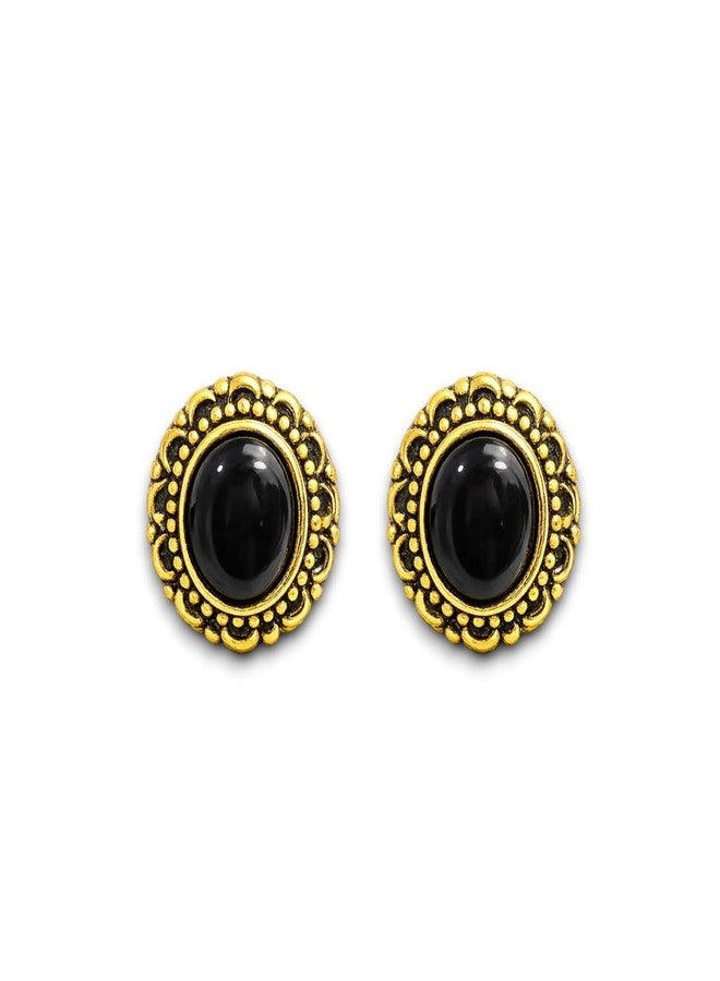 ACCESSHER Women's & Girls Traditional Oxidised Golden Floral Textured Stud Earrings Classic Oval Small Stud Earrings, Stylish Fashion Accessories Jewellery for Gifting - Image 1