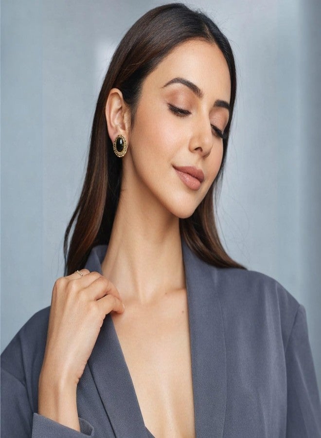 ACCESSHER Women's & Girls Traditional Oxidised Golden Floral Textured Stud Earrings Classic Oval Small Stud Earrings, Stylish Fashion Accessories Jewellery for Gifting - Image 2