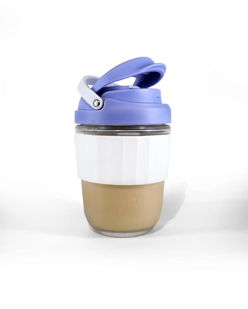 METROWAVE Glass Coffee Sipper Mug with Lid for hot and Cold Coffee Tea Juice Detox Water Travel Mug with Leakproof Cover Office Coffee Cup Lavender 340 ml - Image 1