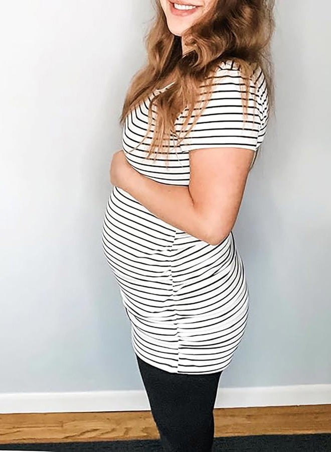 Liu & Qu Womens Maternity Classic Side Ruched T-Shirt Tops Mama Pregnancy Clothes (L, Black/Army Green/White Black Stripe) - Image 2