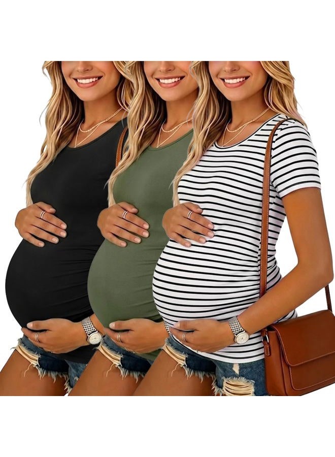 Liu & Qu Womens Maternity Classic Side Ruched T-Shirt Tops Mama Pregnancy Clothes (L, Black/Army Green/White Black Stripe) - Image 1