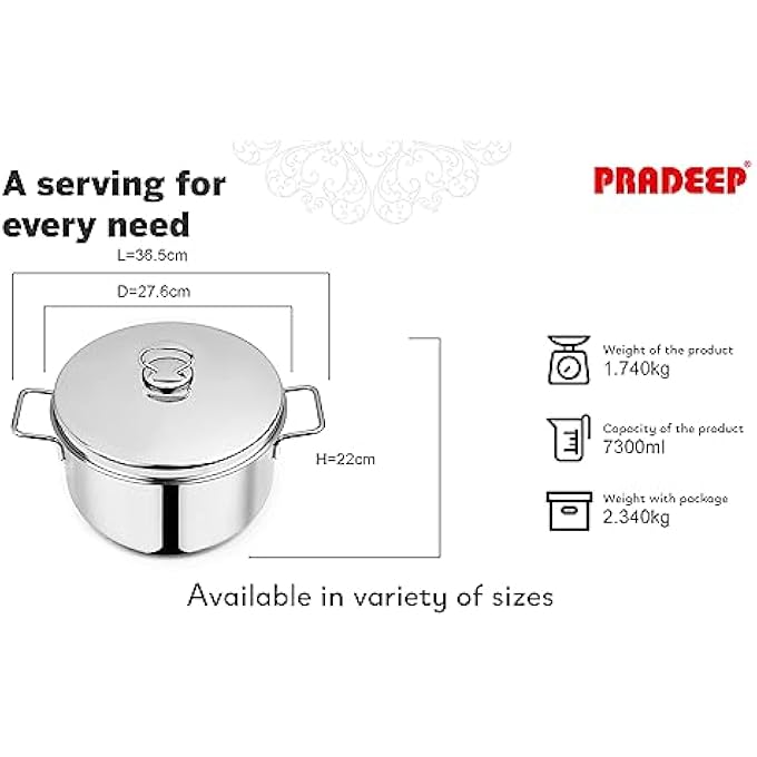 Pradeep 1810304 Food Grade Stainless Steel Cookpot Plain Lid 73 Ltr - Image 2