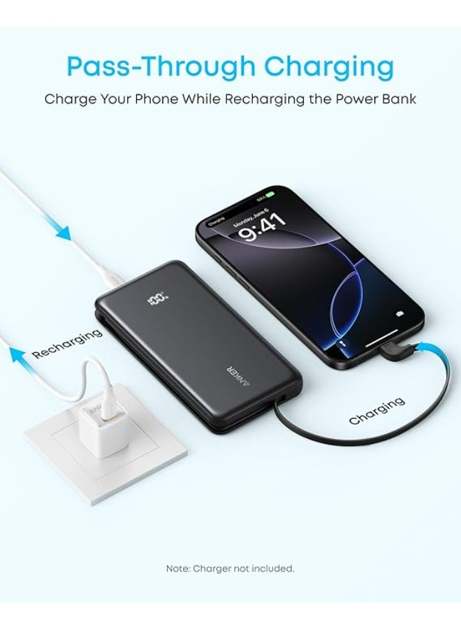 أنكر بنك الطاقة Anker Zolo بسعة 10000 مللي أمبير وقوة 22.5 واط للشحن السريع مع كابل USB-C مدمج لأجهزة iPhone 16/17 Series و iPad و Galaxy و Pixel وغيرها (أبيض) - Image 5