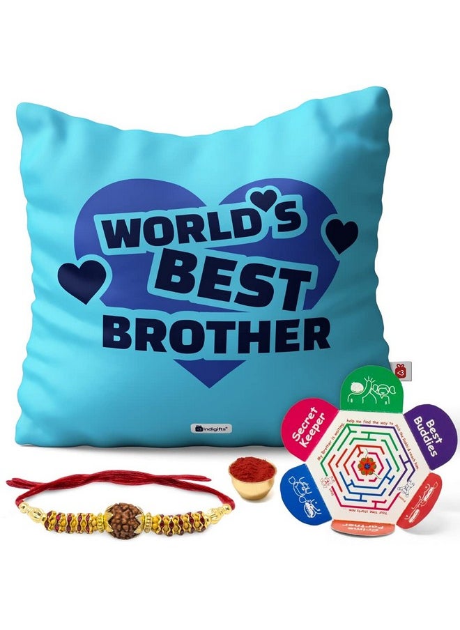 Indigifts Indigifts Micro Satin, Fibre, Cotton World's Best Bro Quote Printed Cushion Cover with Filler, Crystal Rakhi, Roli, Greeting Card (Blue, 12 X12 inch)  - Image 1