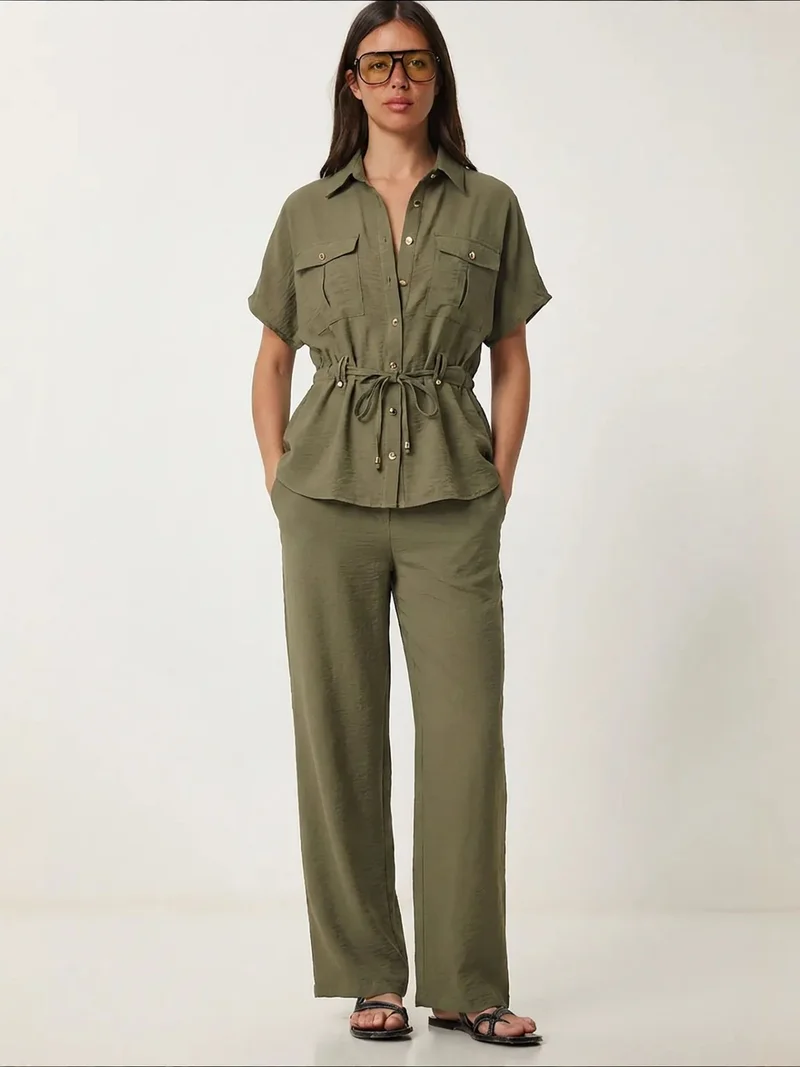 Happiness İstanbul Khaki Green ISTANBUL Belted Long Wide Leg Co-Ord Set for Women | Best Price UAE