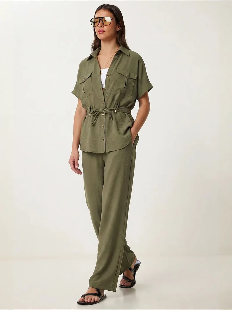 Happiness İstanbul Khaki Green ISTANBUL Belted Long Wide Leg Co-Ord Set for Women | Best Price UAE