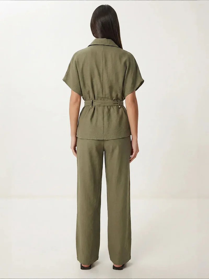 Happiness İstanbul Khaki Green ISTANBUL Belted Long Wide Leg Co-Ord Set for Women | Best Price UAE