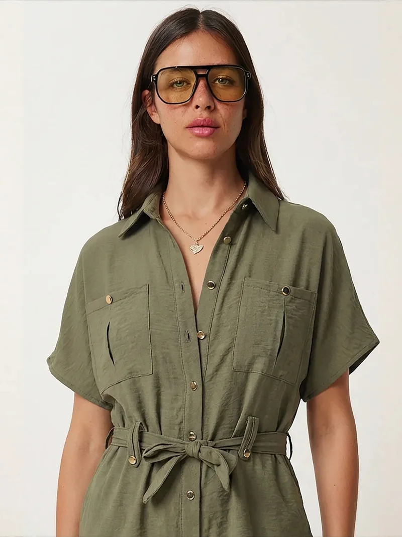 Happiness İstanbul Khaki Green ISTANBUL Belted Long Wide Leg Co-Ord Set for Women | Best Price UAE