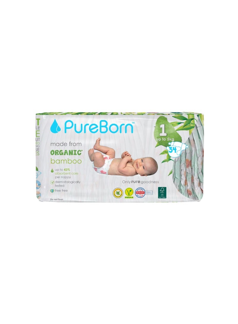 PureBorn Organic Diapers Size-1 Upto 5kg Single Pack With Daisy Print 34 Diapers - Image 1