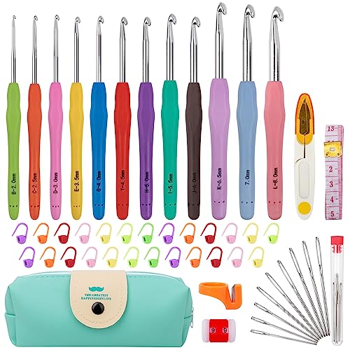 MECHEER Crochet Hooks 12 Sizes Crochet Hook Set, 51 Pack Yarn Crochet Kit for Beginners, Knitting Needles with Ergonomic Handles for Arthritic Hands, Crochet Needle Kit with Blue Case for Crocheters - Image 1