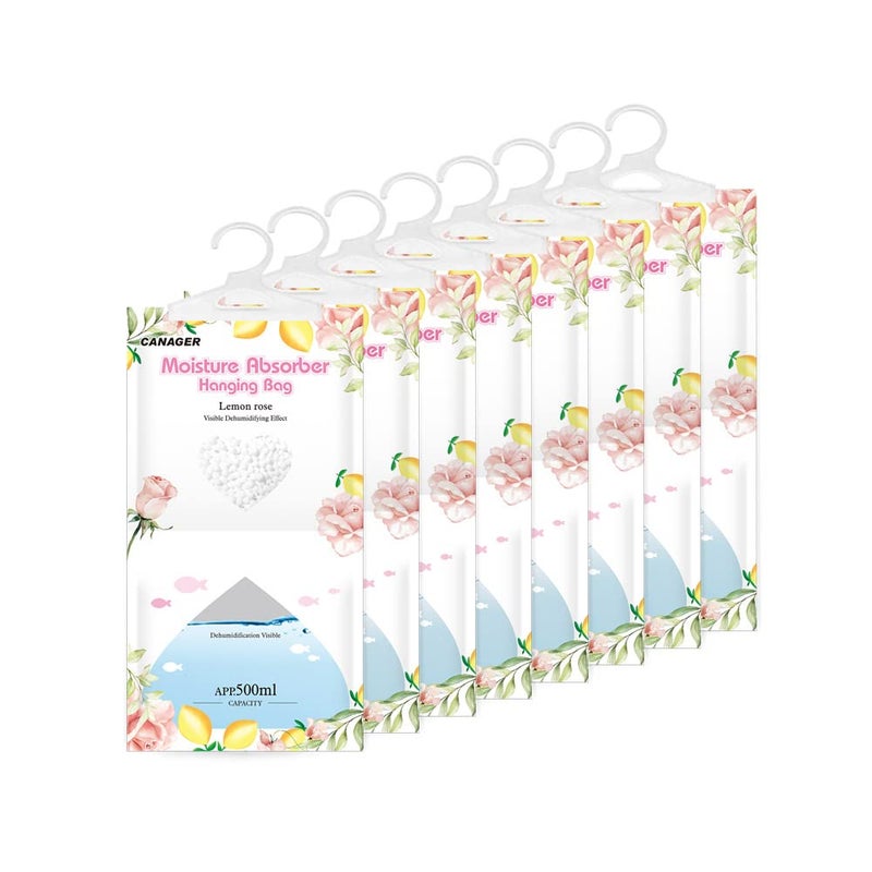 CANAGER Hanging Moisture Absorber Lemon Rose Moistureproof Hanging BagDehumidifier Bag 8 packs Hanging Closet Dehumidifier Bags Moisture Absorb 125 oz