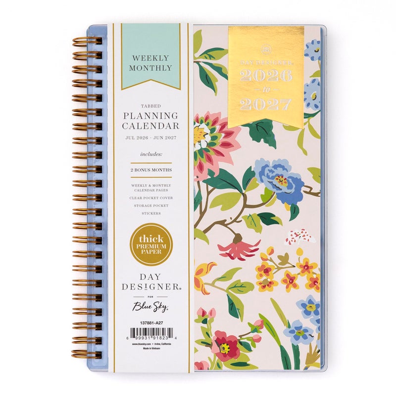 Blue Sky Day Designer 2026-2027 Weekly and Monthly Academic Year Planner Calendar, July 2026 - June 2027, 5" x 8", Clear Pocket Cover, Laminated Tabs, Storage Pocket, Includes Stickers, Climbing Floral Blush - Image 1