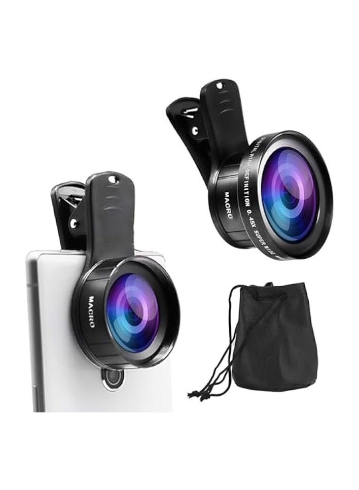 بروماس عدسة بروماس 0.45x واسعة الزاوية للغاية متوافقة مع iPhone Samsung ومعظم الهواتف الذكية، مجموعة عدسات كاميرا الهاتف العالمية 12.5X، عدسات كاميرات صغيرة لمقاطع الفيديو والعروض الحية ومدونات الفيديو