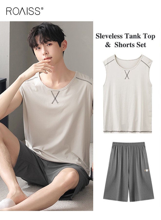 roaiss 2Pcs Modal Pajamas Set for Men Summer Sleeveless Thin Tops Vest and Loose Elastic Strap Design Shorts Mens Skin-Friendly Comfortable Breathable Loungewear H Type Round Neck Pyjama Suit - Image 1