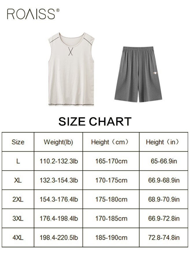 roaiss 2Pcs Modal Pajamas Set for Men Summer Sleeveless Thin Tops Vest and Loose Elastic Strap Design Shorts Mens Skin-Friendly Comfortable Breathable Loungewear H Type Round Neck Pyjama Suit - Image 3
