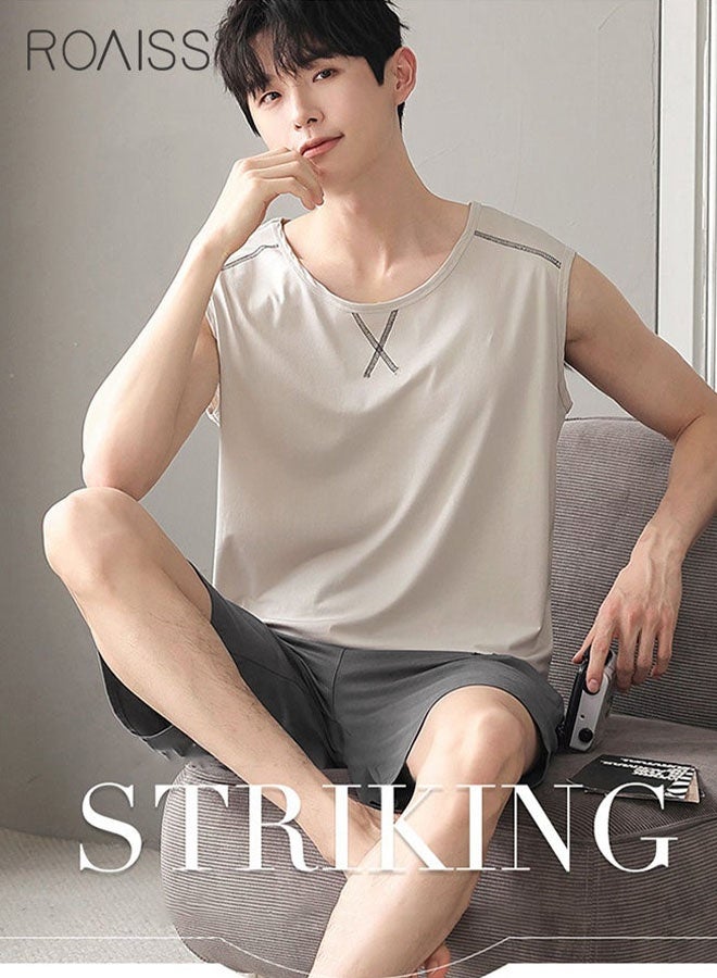 roaiss 2Pcs Modal Pajamas Set for Men Summer Sleeveless Thin Tops Vest and Loose Elastic Strap Design Shorts Mens Skin-Friendly Comfortable Breathable Loungewear H Type Round Neck Pyjama Suit - Image 5