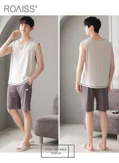 roaiss 2Pcs Modal Pajamas Set for Men Summer Sleeveless Thin Tops Vest and Loose Elastic Strap Design Shorts Mens Skin-Friendly Comfortable Breathable Loungewear H Type Round Neck Pyjama Suit  - Image 2