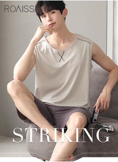 roaiss 2Pcs Modal Pajamas Set for Men Summer Sleeveless Thin Tops Vest and Loose Elastic Strap Design Shorts Mens Skin-Friendly Comfortable Breathable Loungewear H Type Round Neck Pyjama Suit  - Image 3
