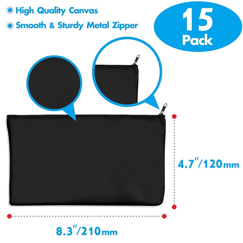 Vantasii 15 Pack Blank Cotton Canvas DIY Craft Zipper Bags Pouches Pencil Case for Makeup Cosmetic Toiletry Stationary Storage Dark Black 83 x 47 - Image 3