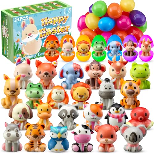 DMIGHT 24 Pack Filled Easter Eggs for Kids Prefilled Egg Fillers Squishy Toys Stuffed Easters Gifts Basket Stuffers for Kids Girls Toddlers Boys Easters Egg Hunt Party Favors Animals Easter - Image 1