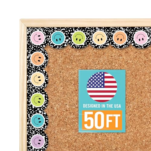 Hadley Designs 50ft Bulletin Board Borders Trim - Classroom Borders for Bulletin Board Decorations, Daycare Teacher Must Haves, Home & Office DIY Supplies, Smiley Back to School & Workplace Events Party Decor - Image 1