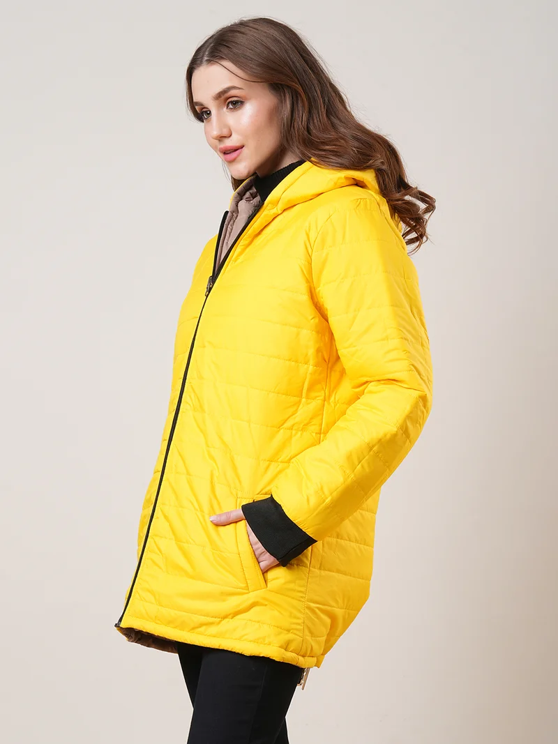 جلو باص جاكيت نسائي مبطن بغطاء رأس بسحاب أمامي وجيبين قابل للعكس للشتاء