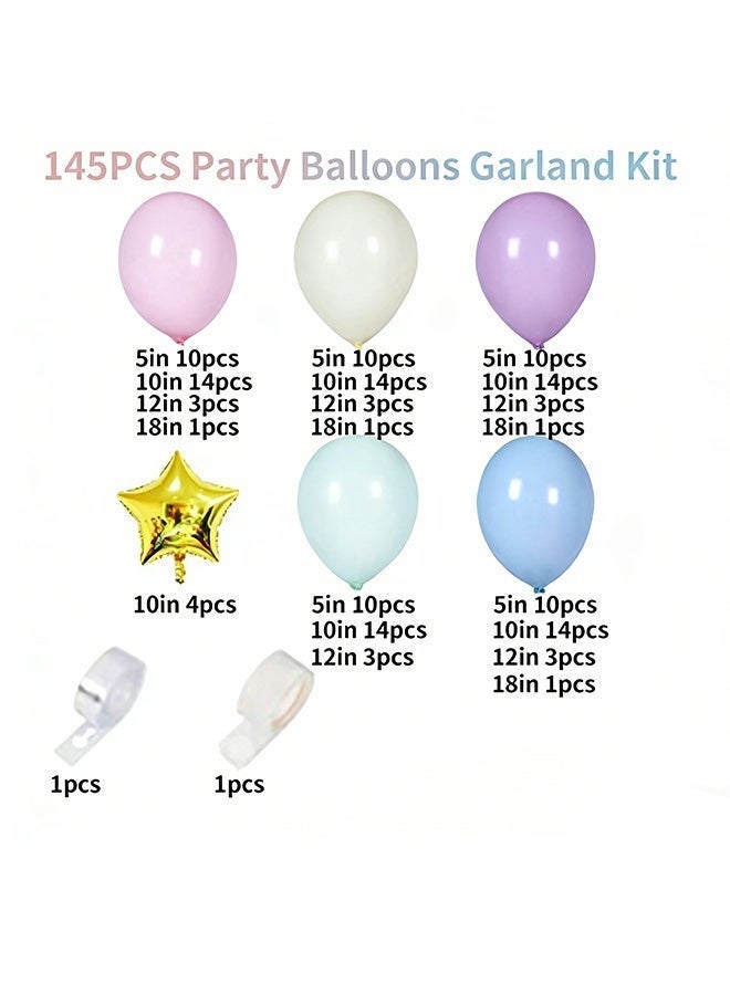 145 قطعة طقم قوس بالون جارلاند معكرون قوس قزح بالونات بأحجام مختلفة 5 10 12 18 بوصة طقم قوس بالون من اللاتكس ديكور جارلاند بالون مع شريط قوس وشريط، مجموعة بالونات متعددة الألوان لعيد ميلاد الطفل وحفلات الزفاف - Image 2