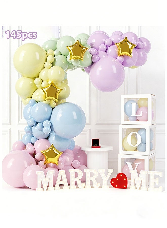 145 قطعة طقم قوس بالون جارلاند معكرون قوس قزح بالونات بأحجام مختلفة 5 10 12 18 بوصة طقم قوس بالون من اللاتكس ديكور جارلاند بالون مع شريط قوس وشريط، مجموعة بالونات متعددة الألوان لعيد ميلاد الطفل وحفلات الزفاف - Image 1