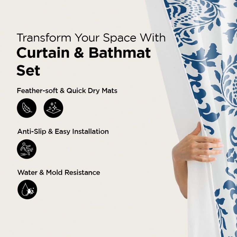 Kuber Industries Kuber Industries Shower Curtain & Bathmat Set | Non-Slip Bath mats for Bathroom | Easy-Slide Curtains | Polyester Curtain or Bathmat for Bath Décor | XTL237-3T | 3 Pcs Set | Multicolor  - Image 2